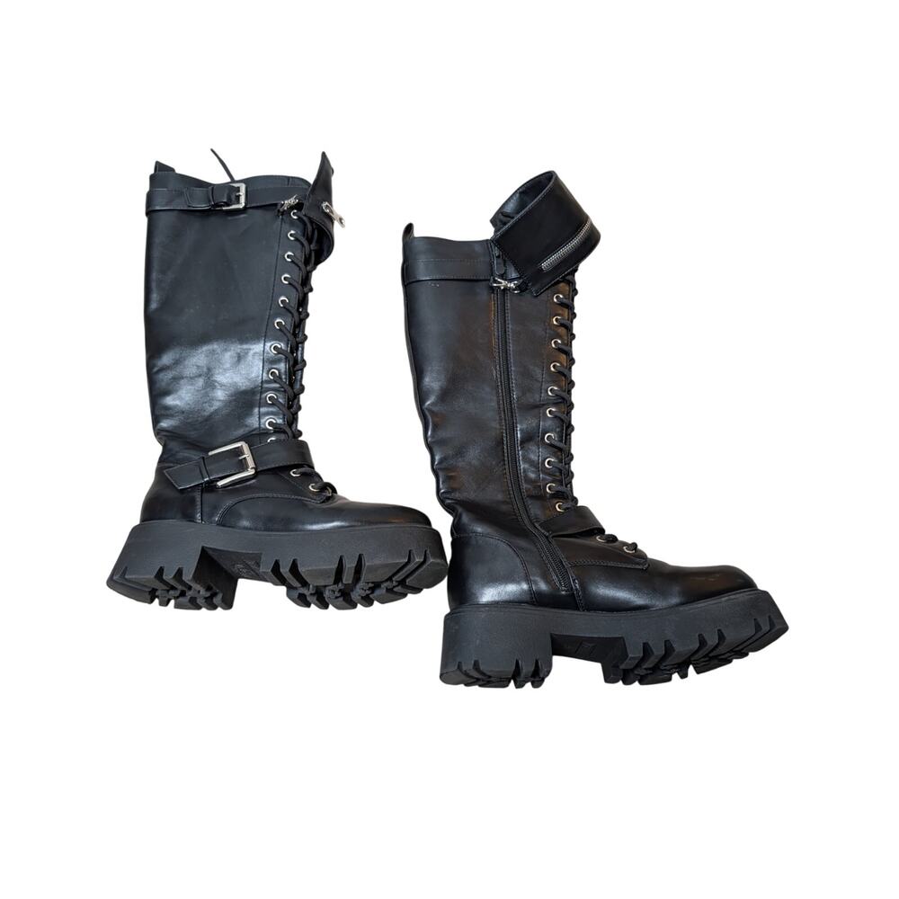 Dream Pairs Women 8.5 Black Knee High Combat Boots Chunky Lug Sole Buckle Zip